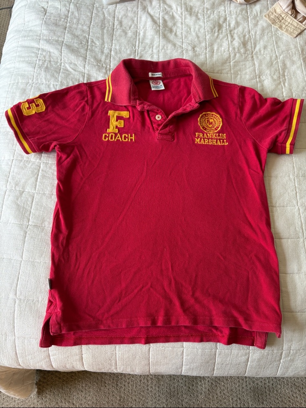 Franklin & Marshall Red Polo with Yellow Trim and Embroidered Coach Patch